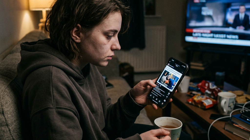 Person viewing a smartphone while holding tea, with television news in background